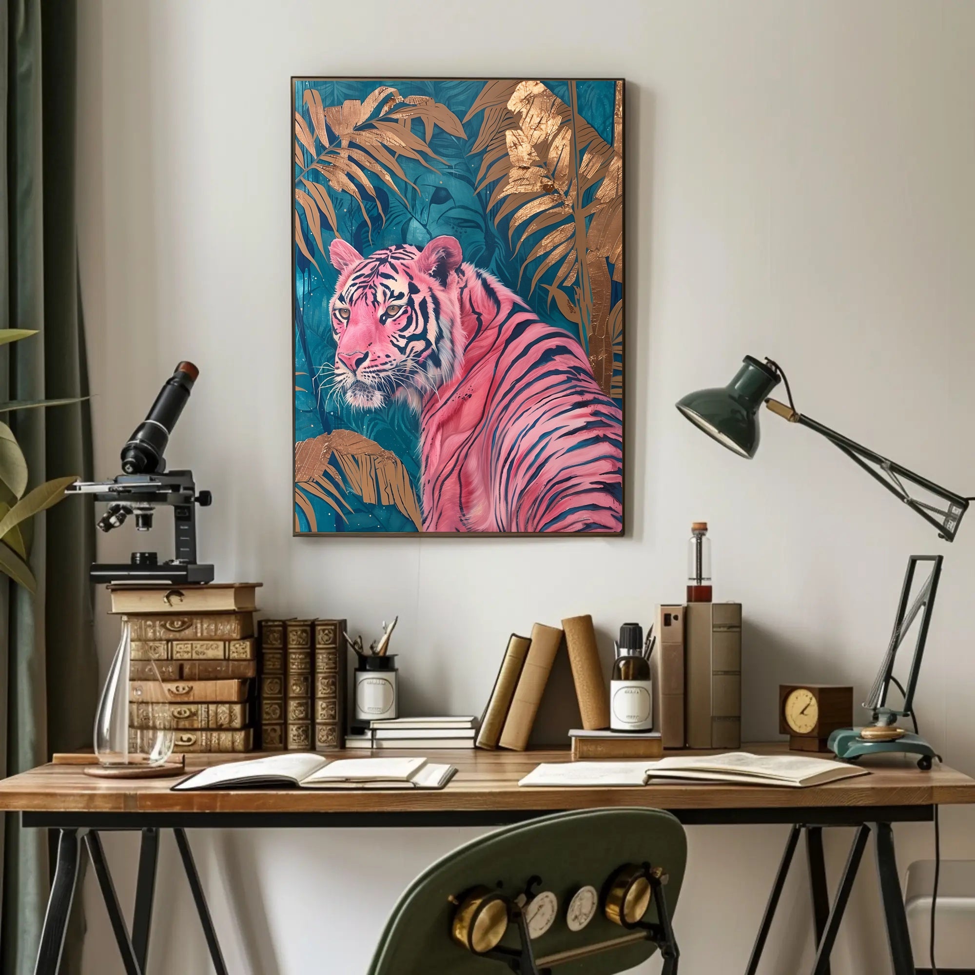 Vibrant Pink Tiger in Exotic Jungle Artistic Poster PosterGoat