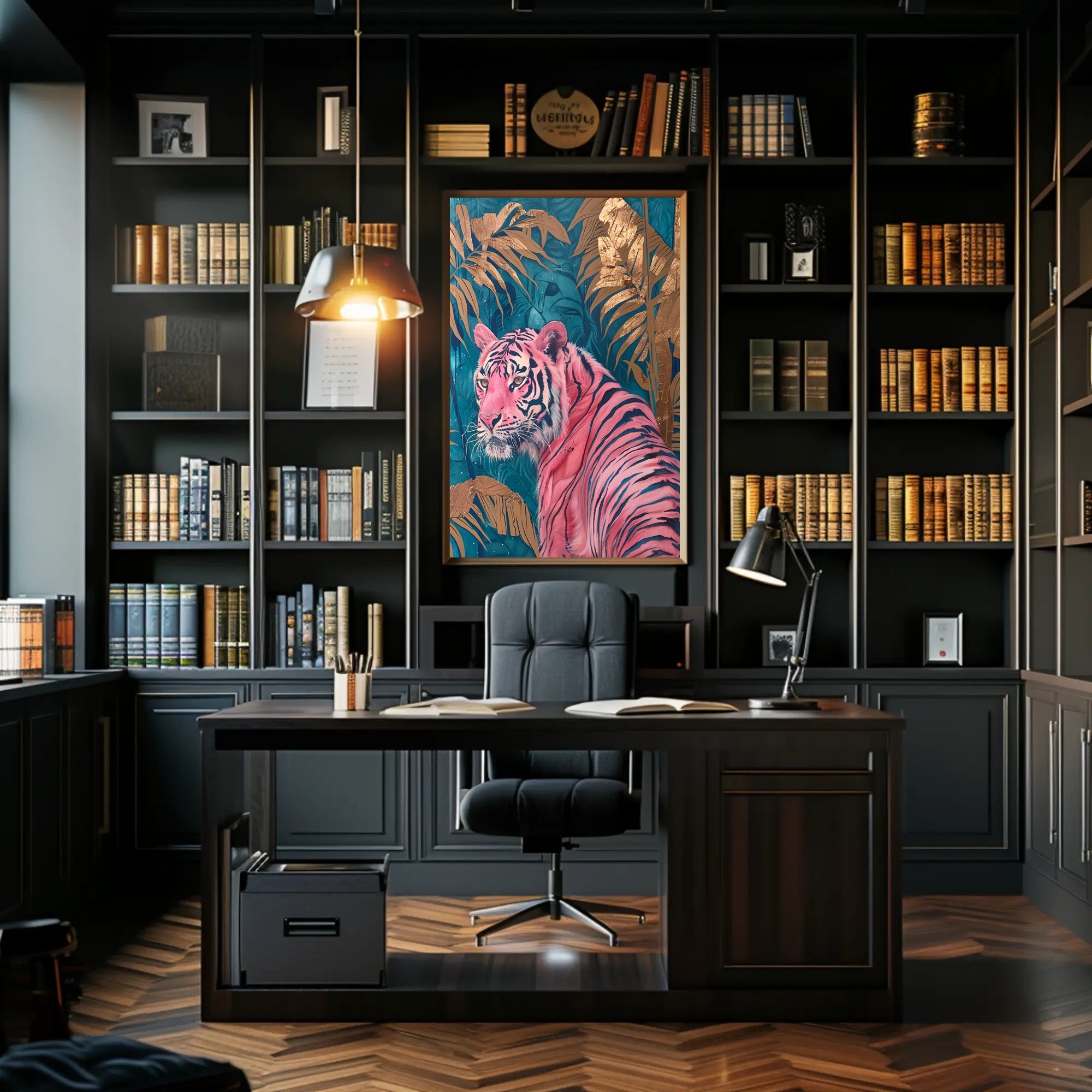 Vibrant Pink Tiger in Exotic Jungle Artistic Poster PosterGoat