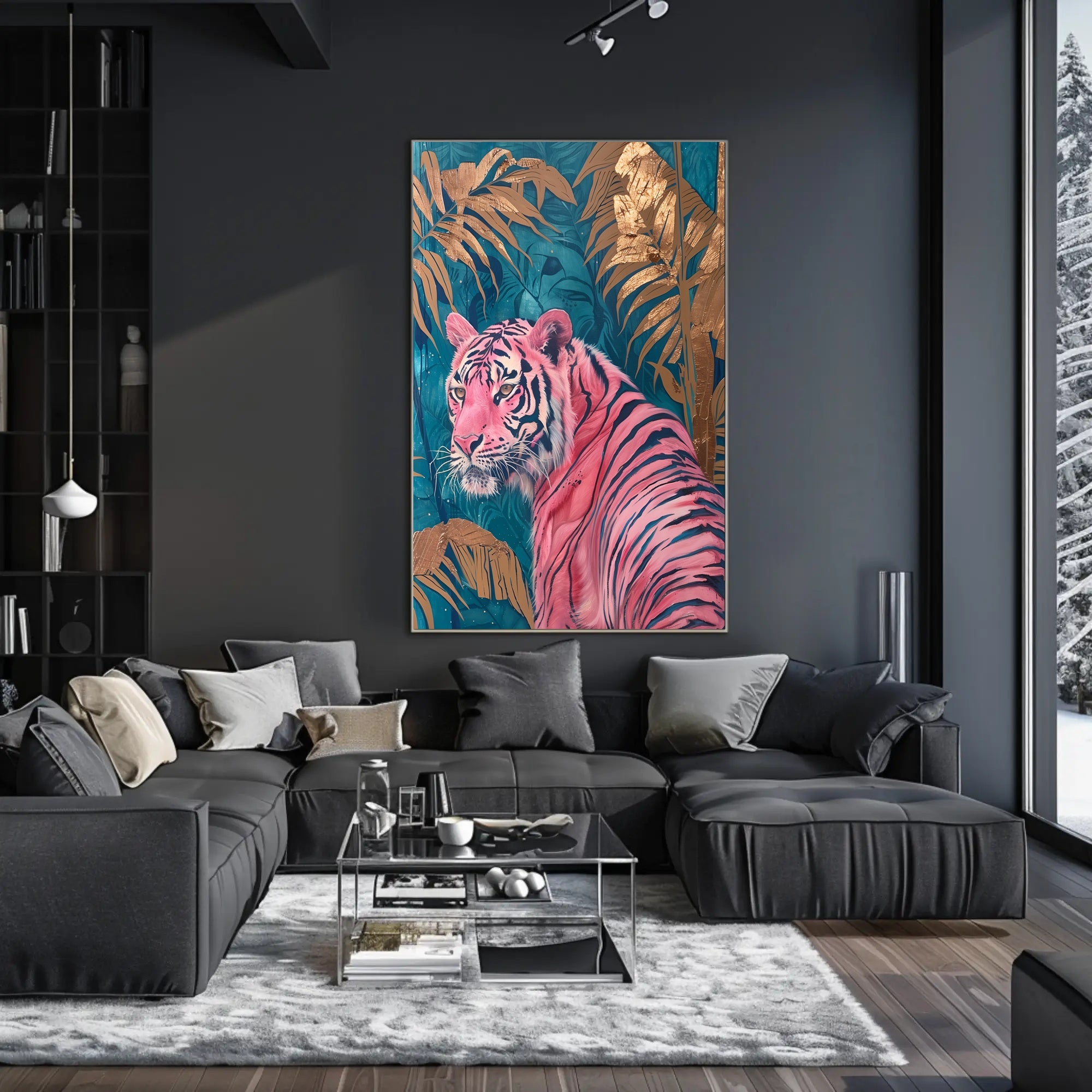 Vibrant Pink Tiger in Exotic Jungle Artistic Poster PosterGoat