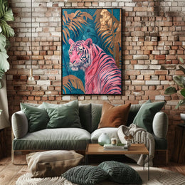 Vibrant Pink Tiger in Exotic Jungle Artistic Poster PosterGoat