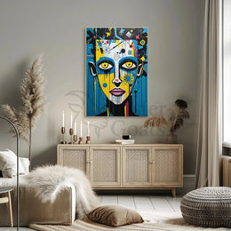 Vibrant Pop Art Portrait with Street Art Elements Poster PosterGoat