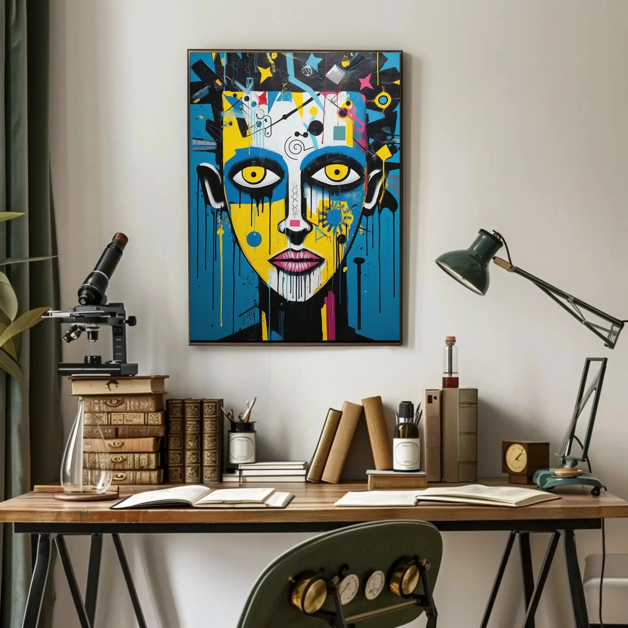 Vibrant Pop Art Portrait with Street Art Elements Poster PosterGoat