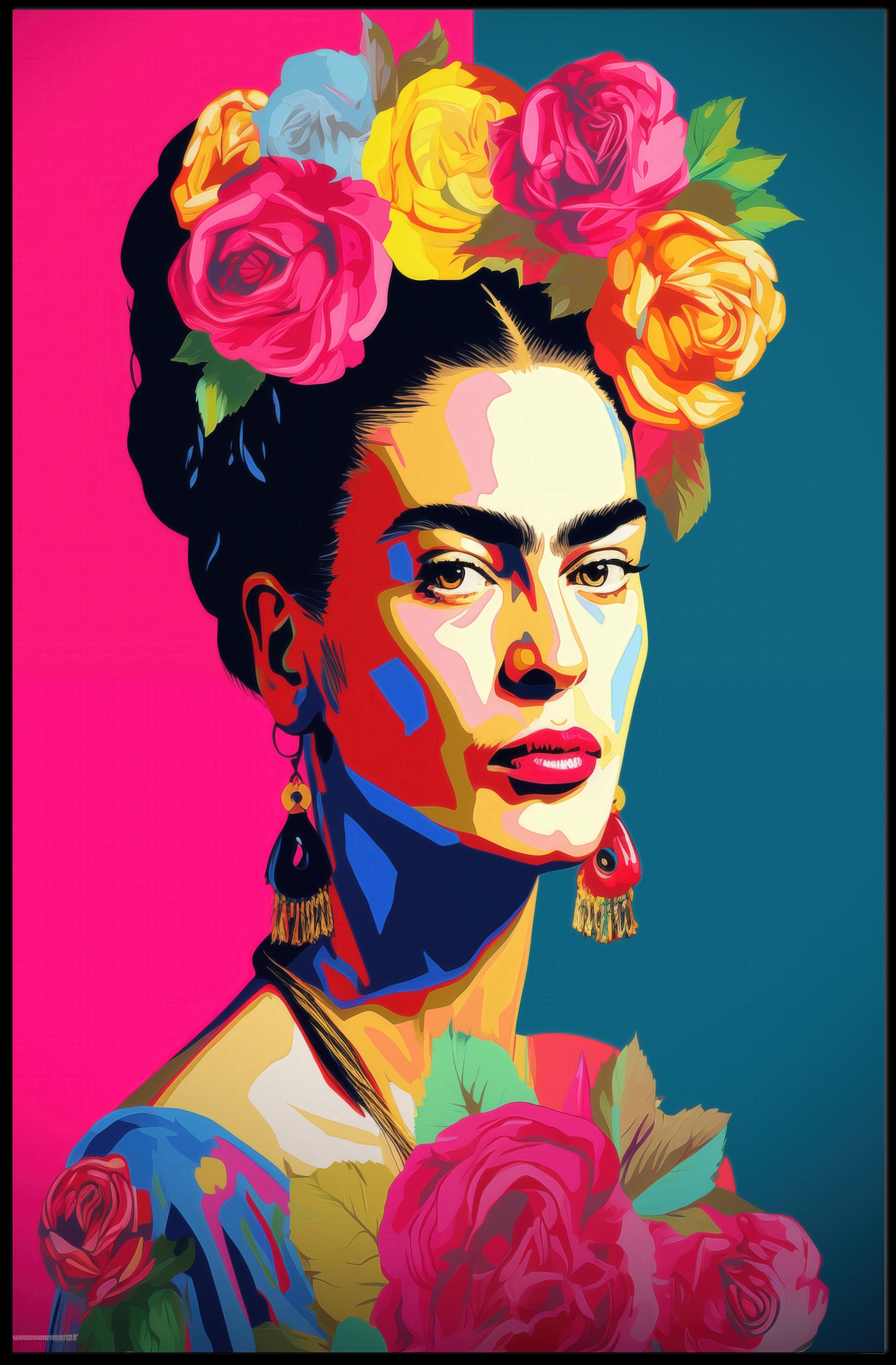 Vibrant Pop-Art Woman with Flowers Artistic Poster PosterGoat