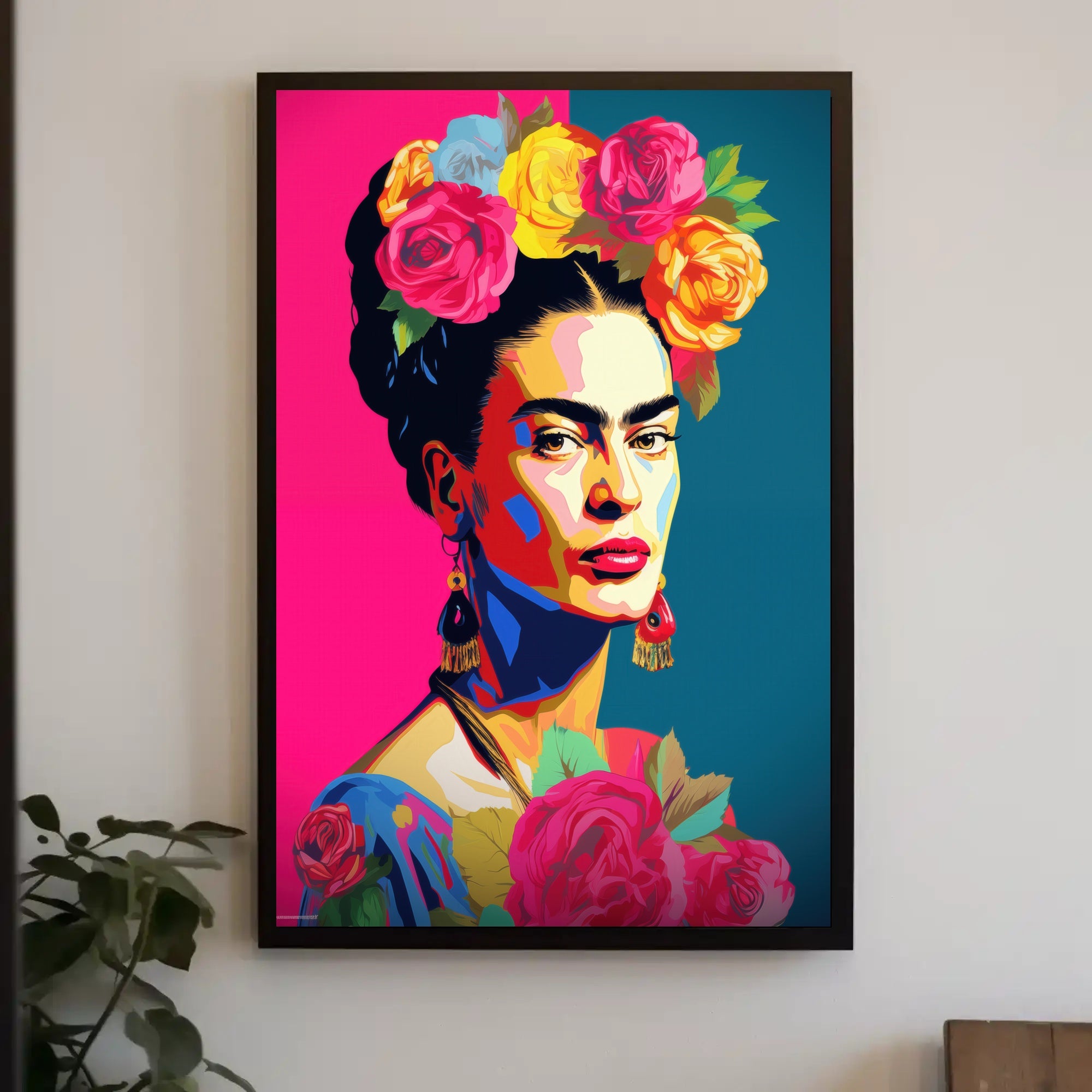 Vibrant Pop-Art Woman with Flowers Artistic Poster PosterGoat