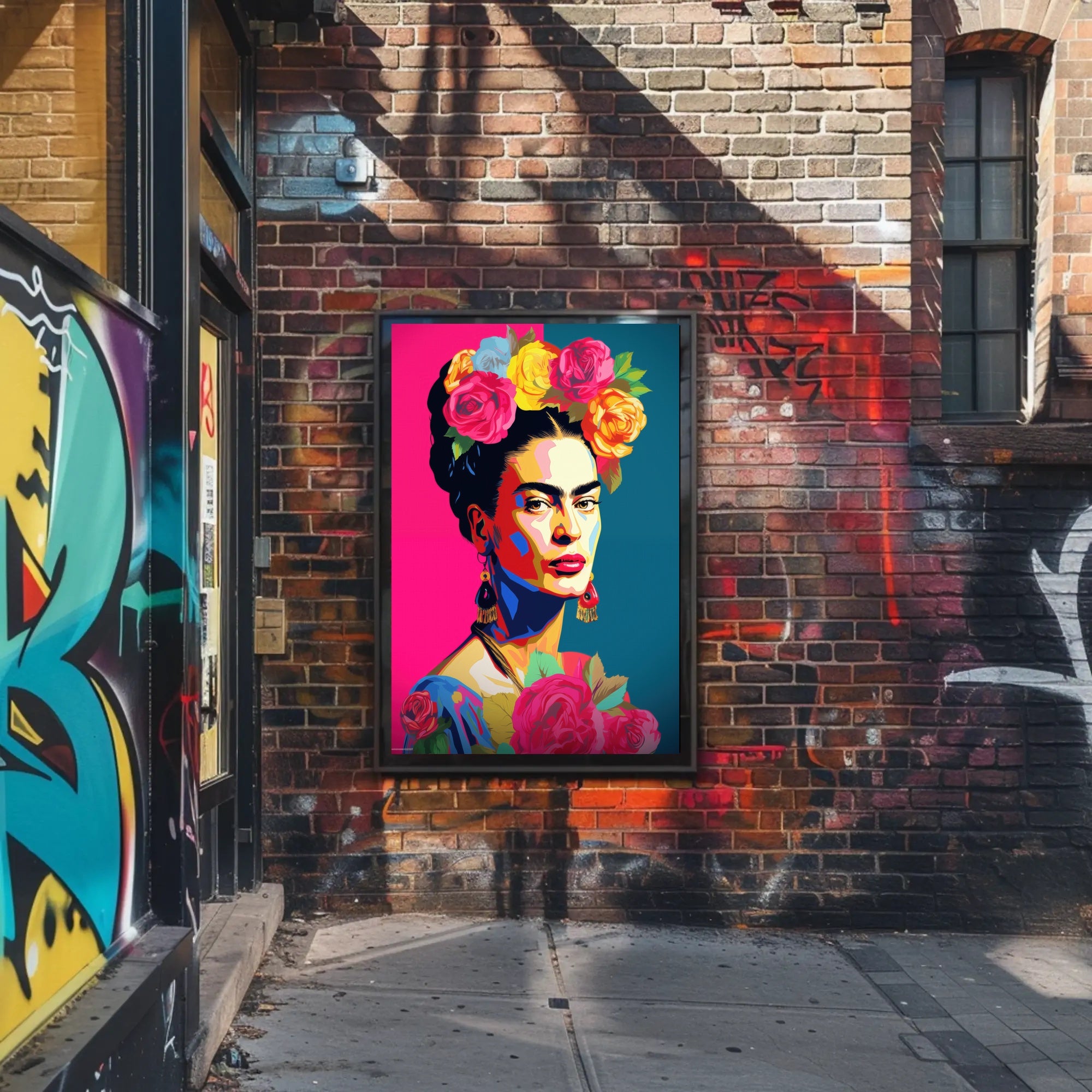 Vibrant Pop-Art Woman with Flowers Artistic Poster PosterGoat