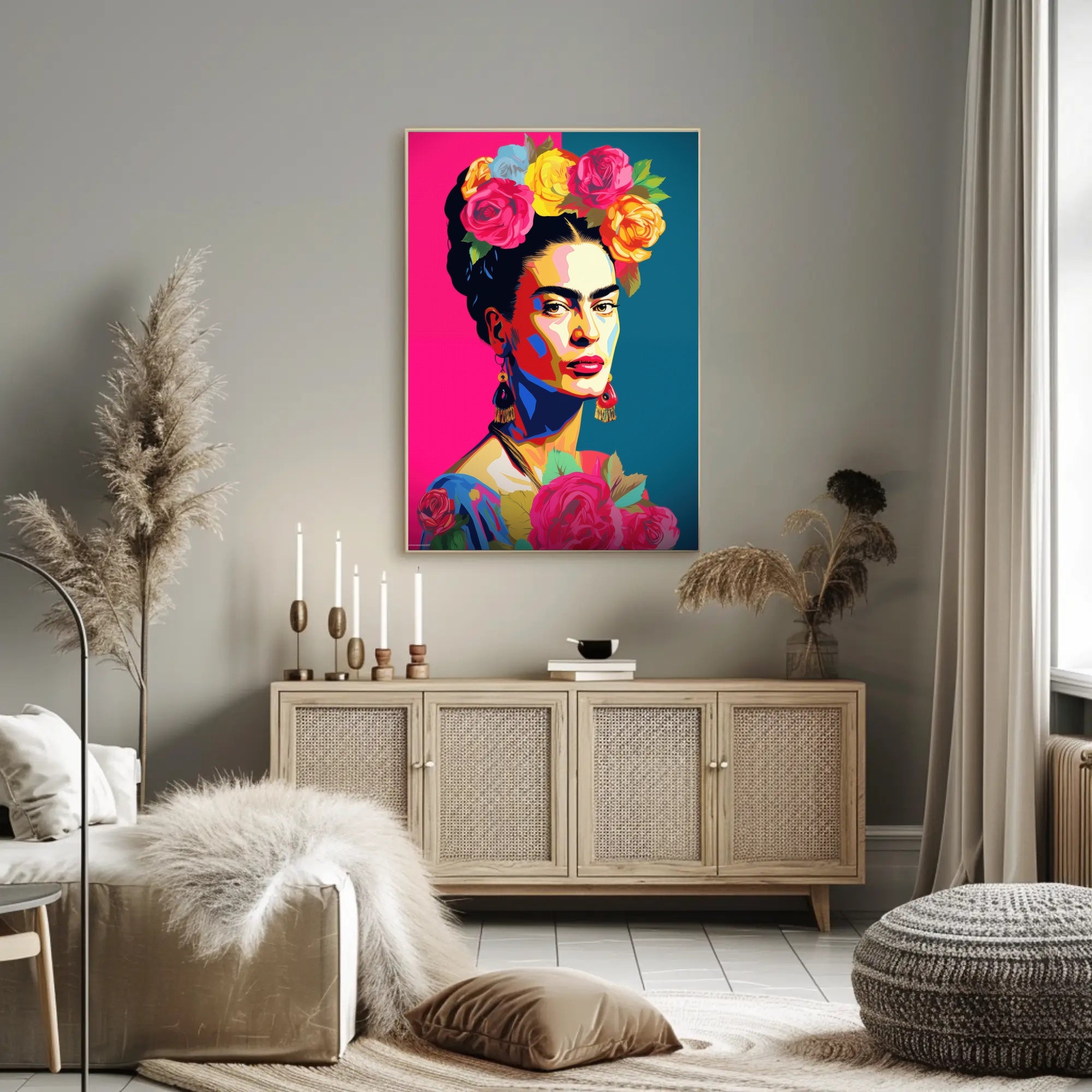 Vibrant Pop-Art Woman with Flowers Artistic Poster PosterGoat