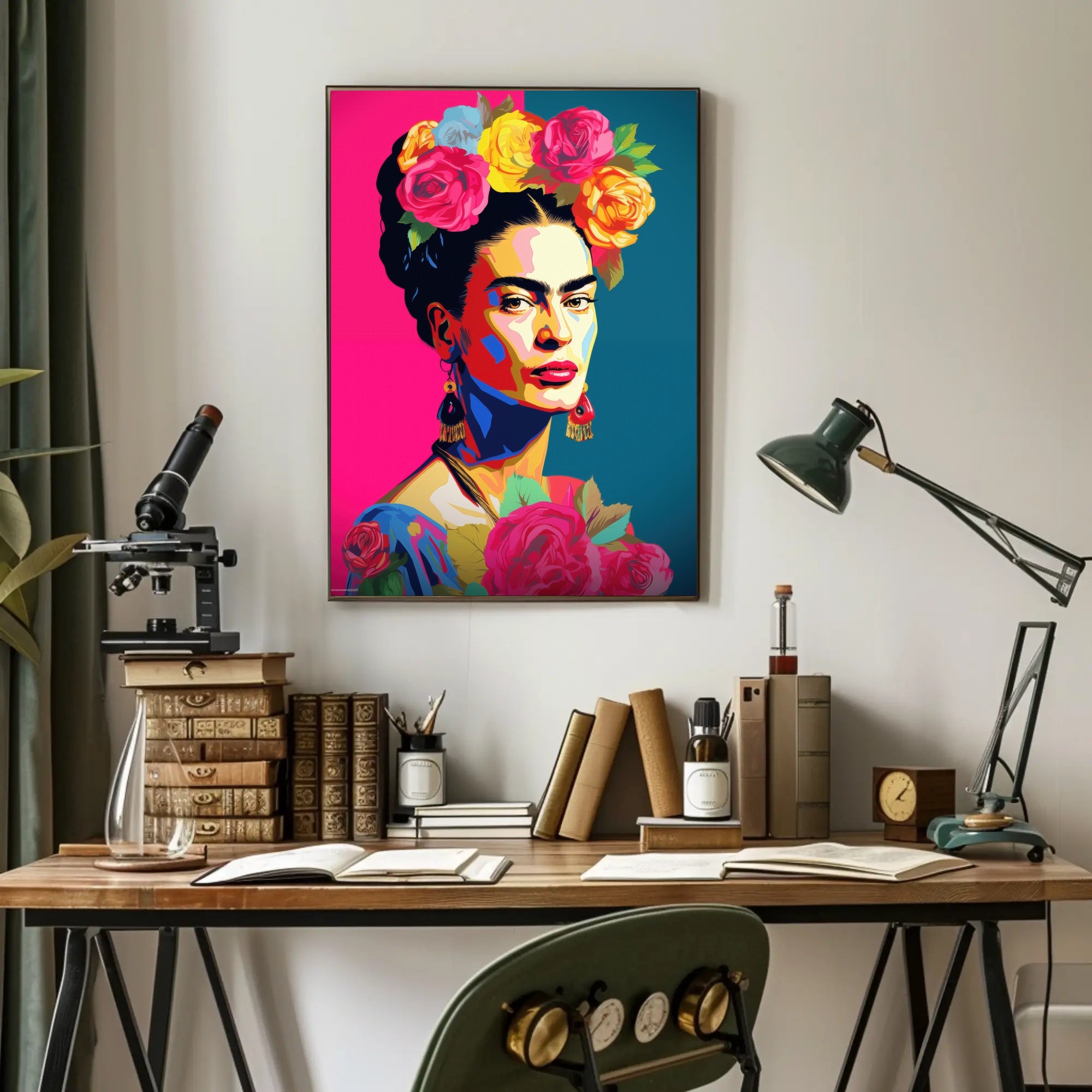 Vibrant Pop-Art Woman with Flowers Artistic Poster PosterGoat