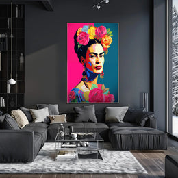 Vibrant Pop-Art Woman with Flowers Artistic Poster PosterGoat