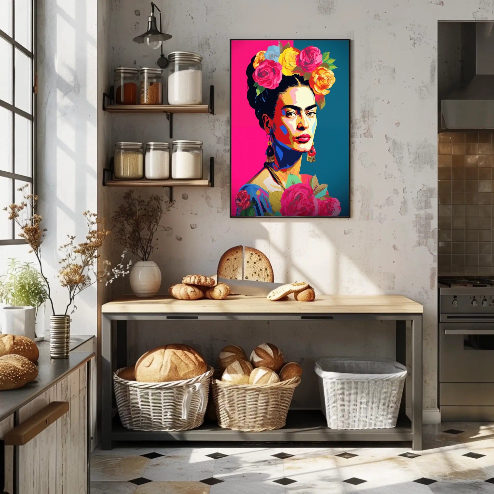 Vibrant Pop-Art Woman with Flowers Artistic Poster PosterGoat