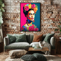 Vibrant Pop-Art Woman with Flowers Artistic Poster PosterGoat