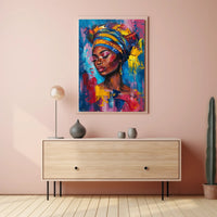 Vibrant Portrait Art: Empowered Woman with Headwrap Poster PosterGoat