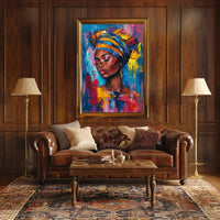 Vibrant Portrait Art: Empowered Woman with Headwrap Poster PosterGoat