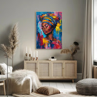 Vibrant Portrait Art: Empowered Woman with Headwrap Poster PosterGoat