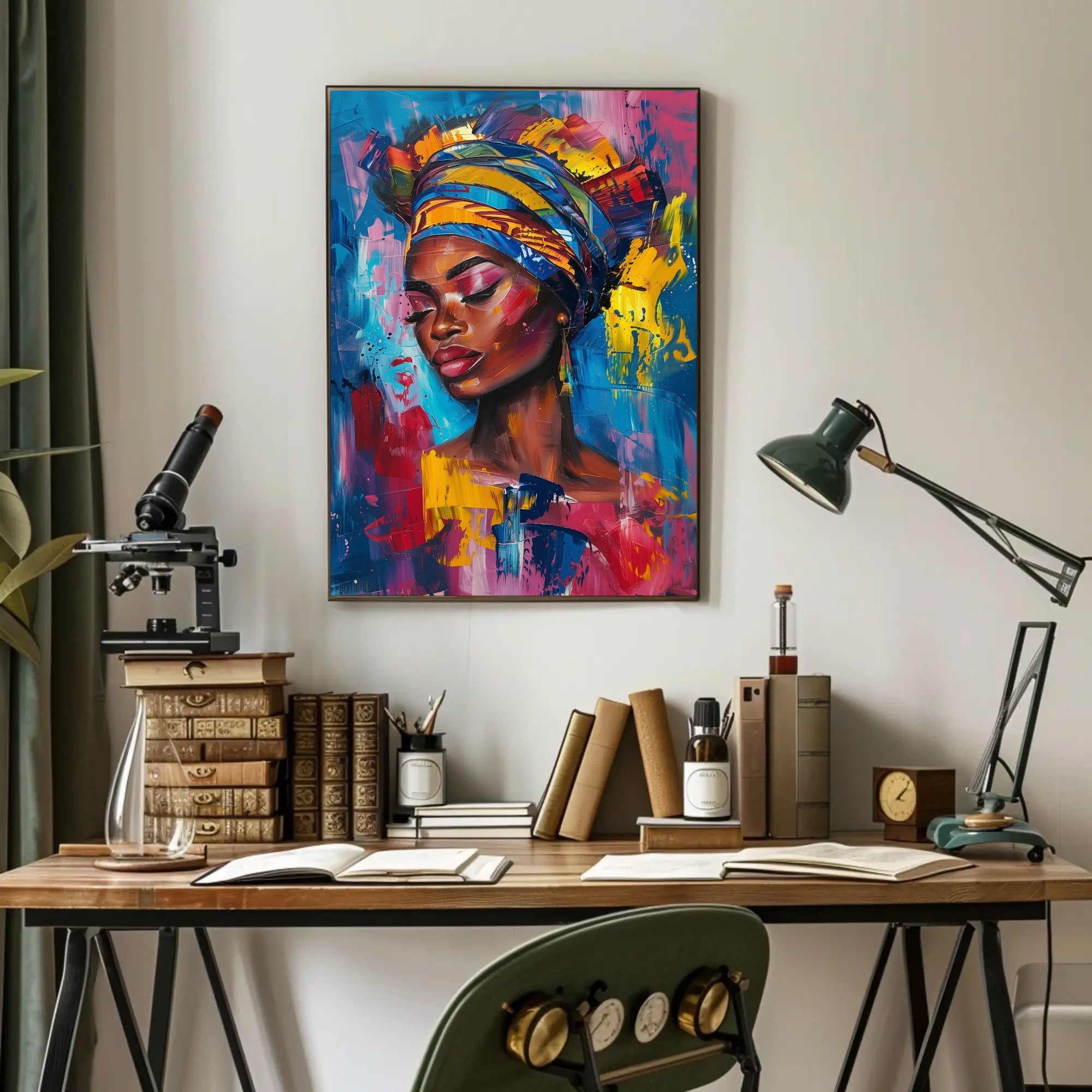 Vibrant Portrait Art: Empowered Woman with Headwrap Poster PosterGoat