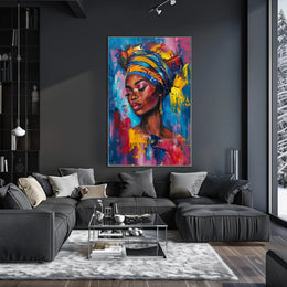 Vibrant Portrait Art: Empowered Woman with Headwrap Poster PosterGoat