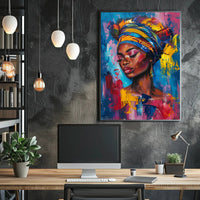 Vibrant Portrait Art: Empowered Woman with Headwrap Poster PosterGoat