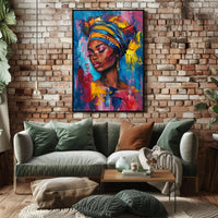 Vibrant Portrait Art: Empowered Woman with Headwrap Poster PosterGoat