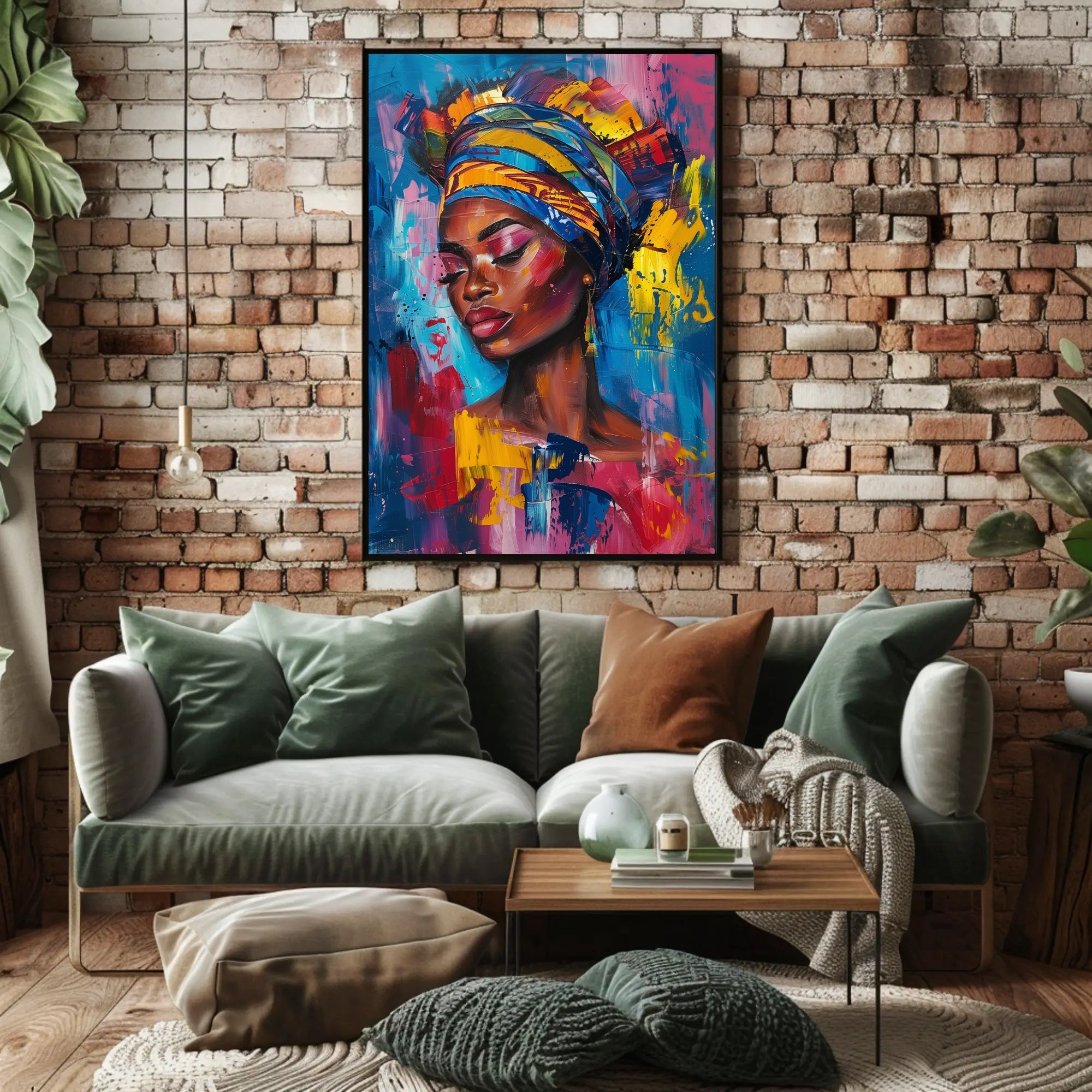 Vibrant Portrait Art: Empowered Woman with Headwrap Poster PosterGoat