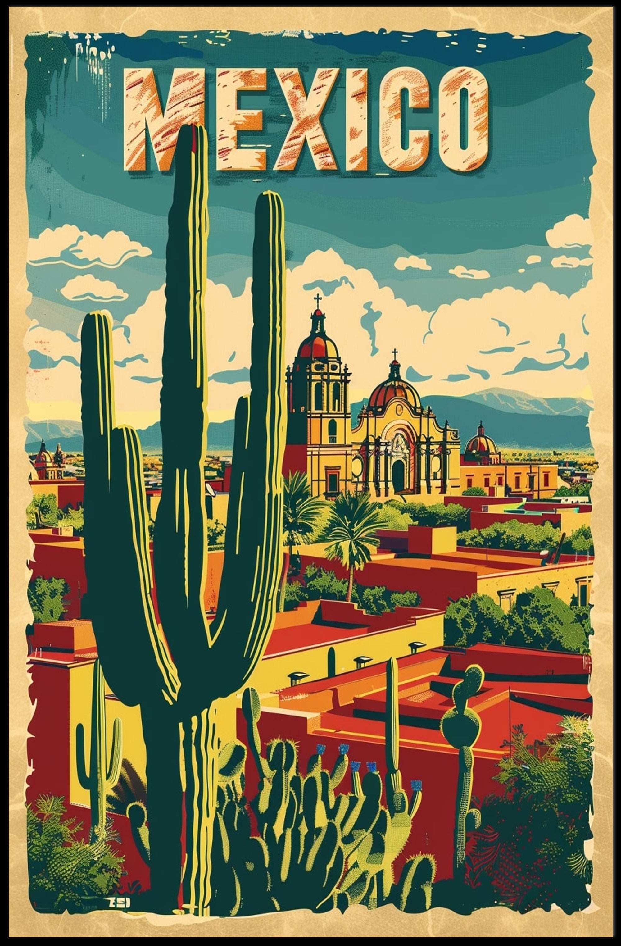 Vibrant Retro Mexico Townscape with Cactus Travel Poster PosterGoat