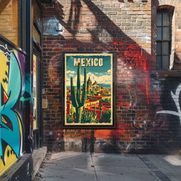 Vibrant Retro Mexico Townscape with Cactus Travel Poster PosterGoat