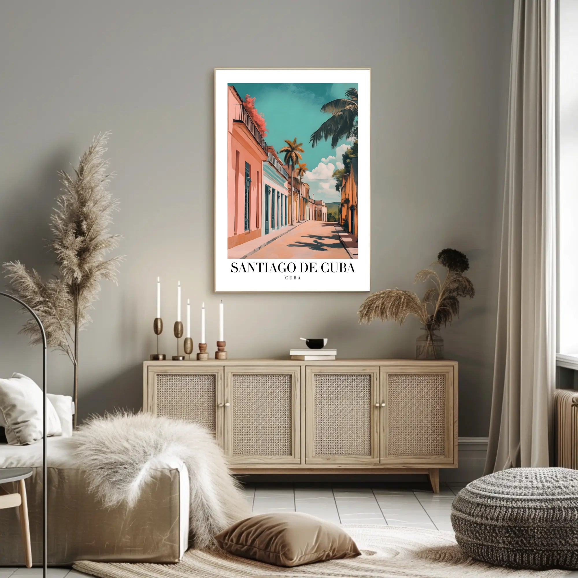 Vibrant Santiago de Cuba Street Scene Travel Poster PosterGoat