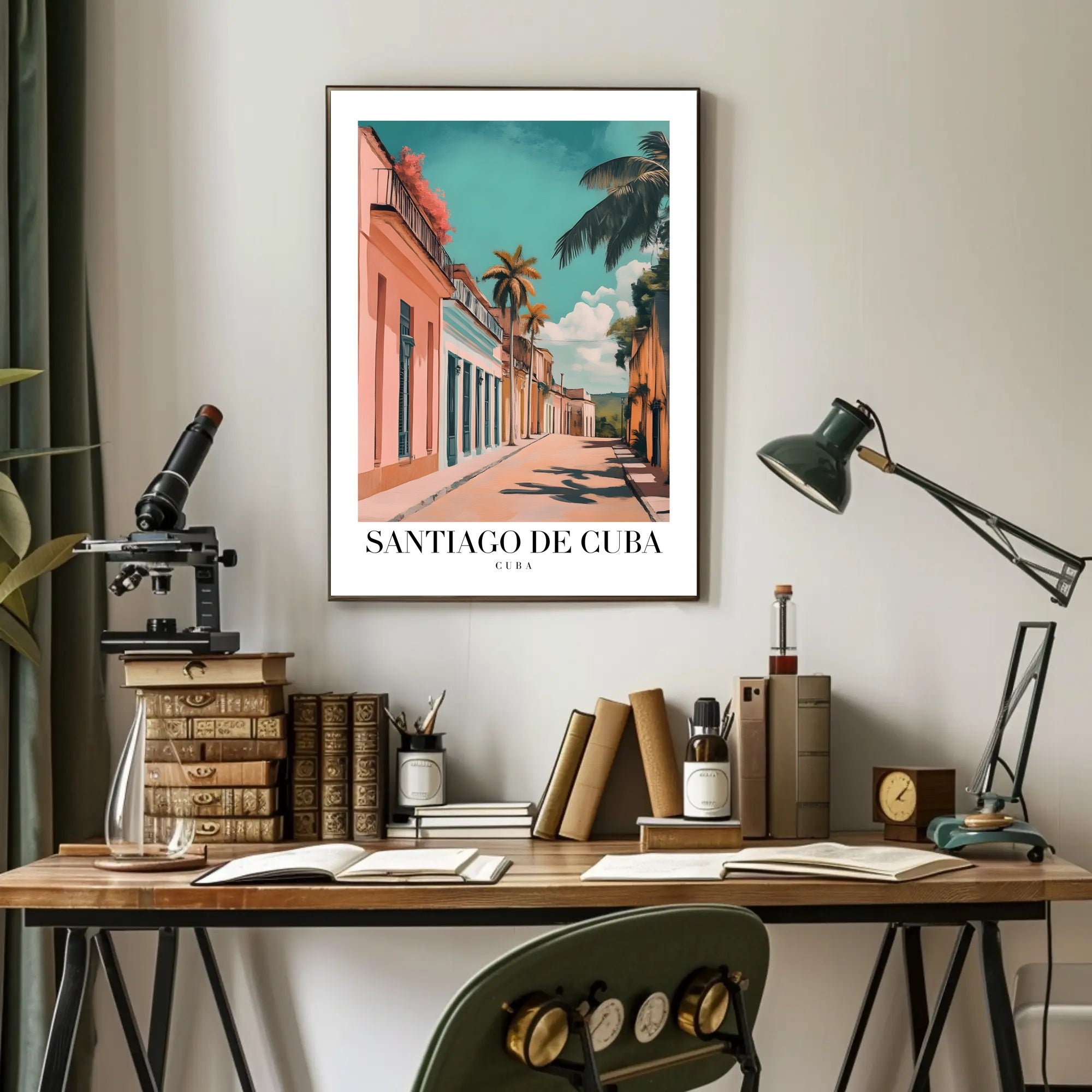 Vibrant Santiago de Cuba Street Scene Travel Poster PosterGoat