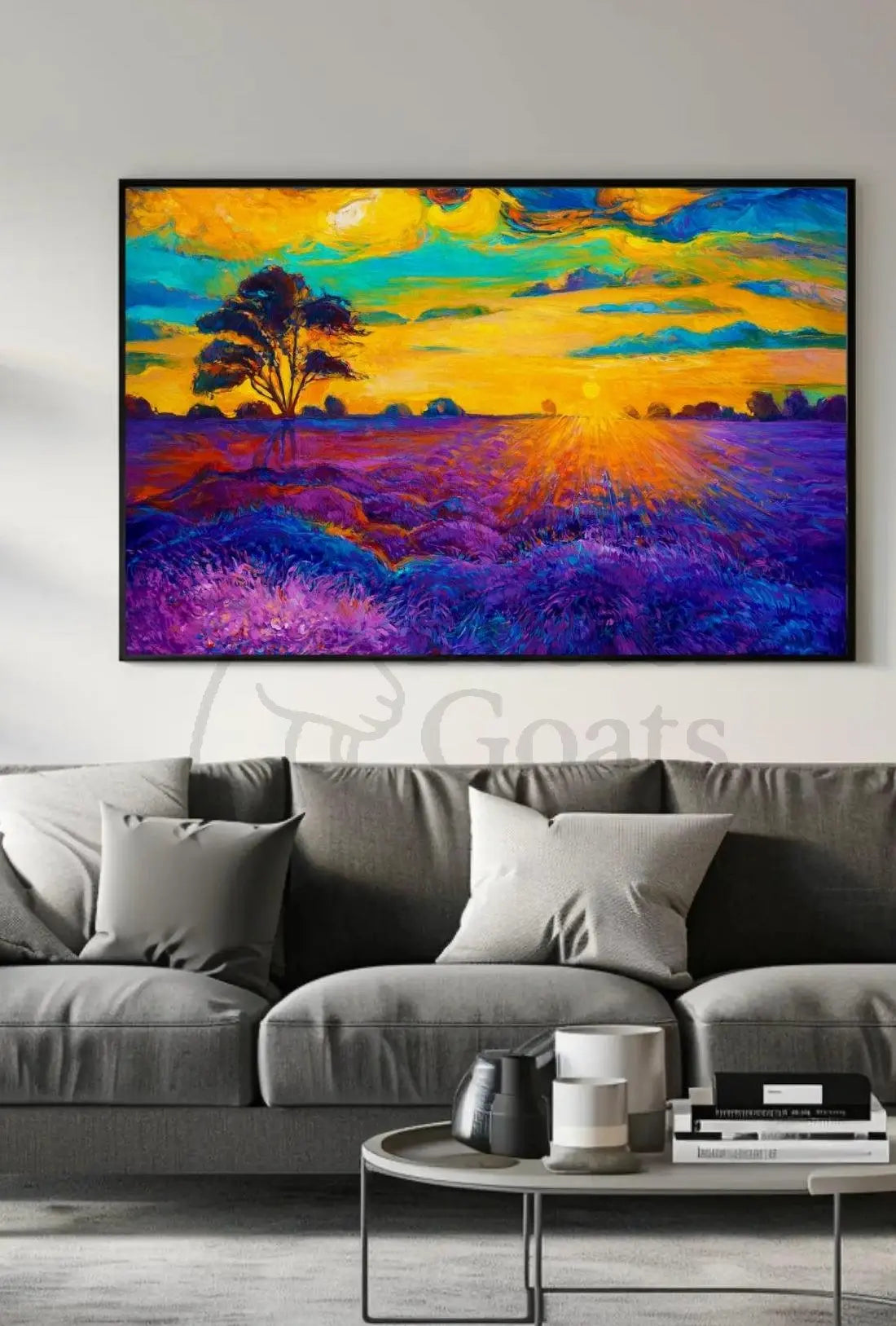 Vibrant Sunset Over Serene Field Artistic Poster PosterGoat