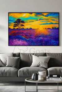 Vibrant Sunset Over Serene Field Artistic Poster PosterGoat