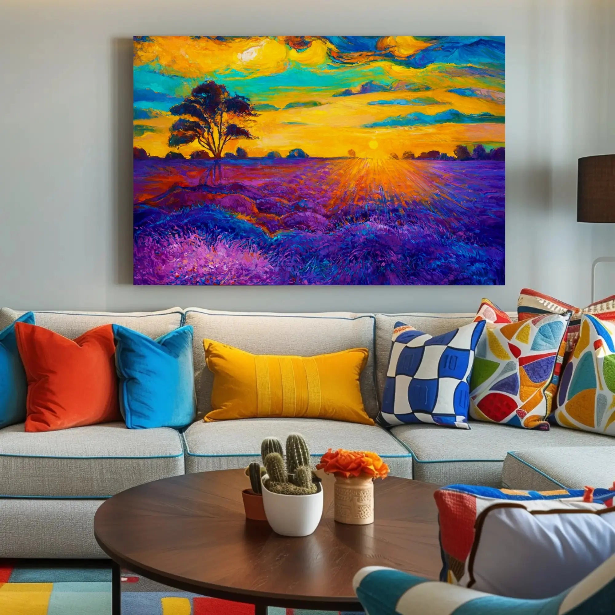 Vibrant Sunset Over Serene Field Artistic Poster PosterGoat