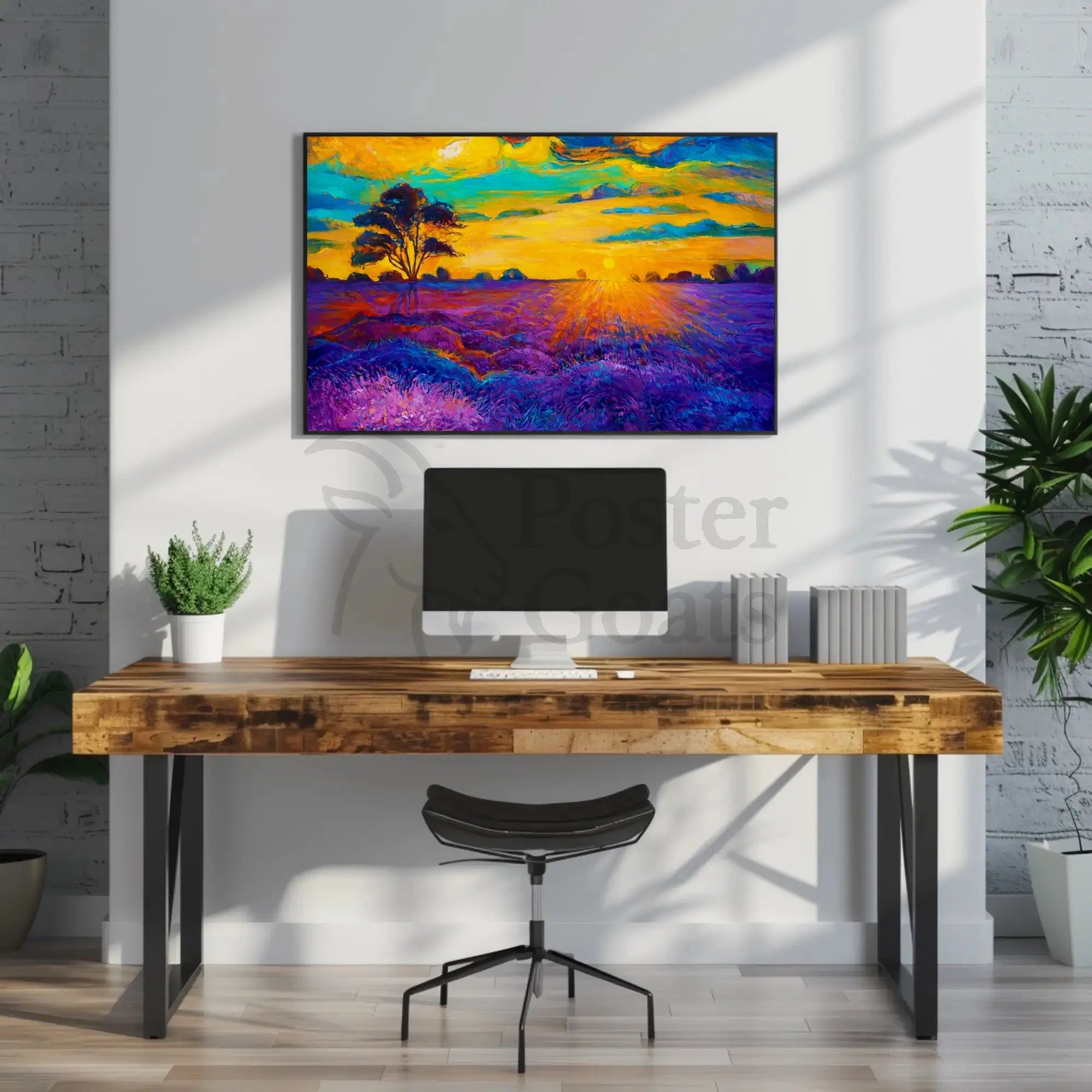 Vibrant Sunset Over Serene Field Artistic Poster PosterGoat