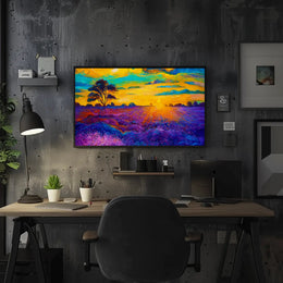 Vibrant Sunset Over Serene Field Artistic Poster PosterGoat