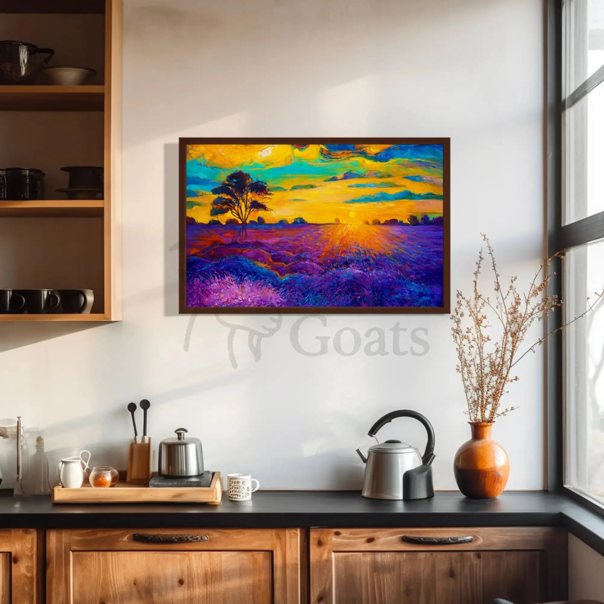 Vibrant Sunset Over Serene Field Artistic Poster PosterGoat