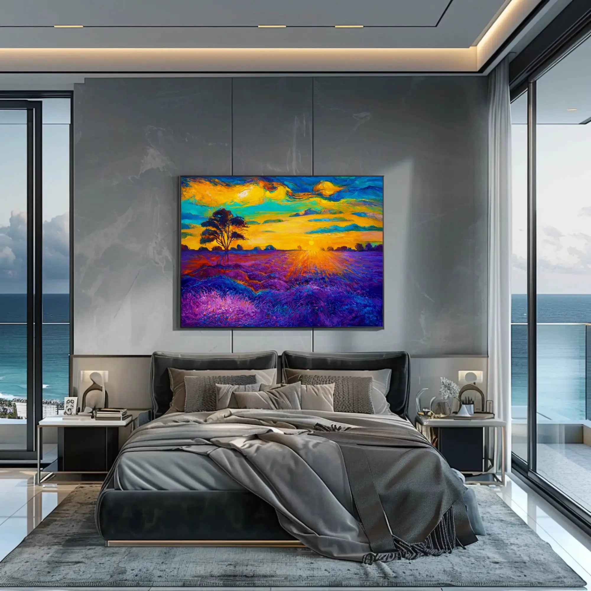 Vibrant Sunset Over Serene Field Artistic Poster PosterGoat