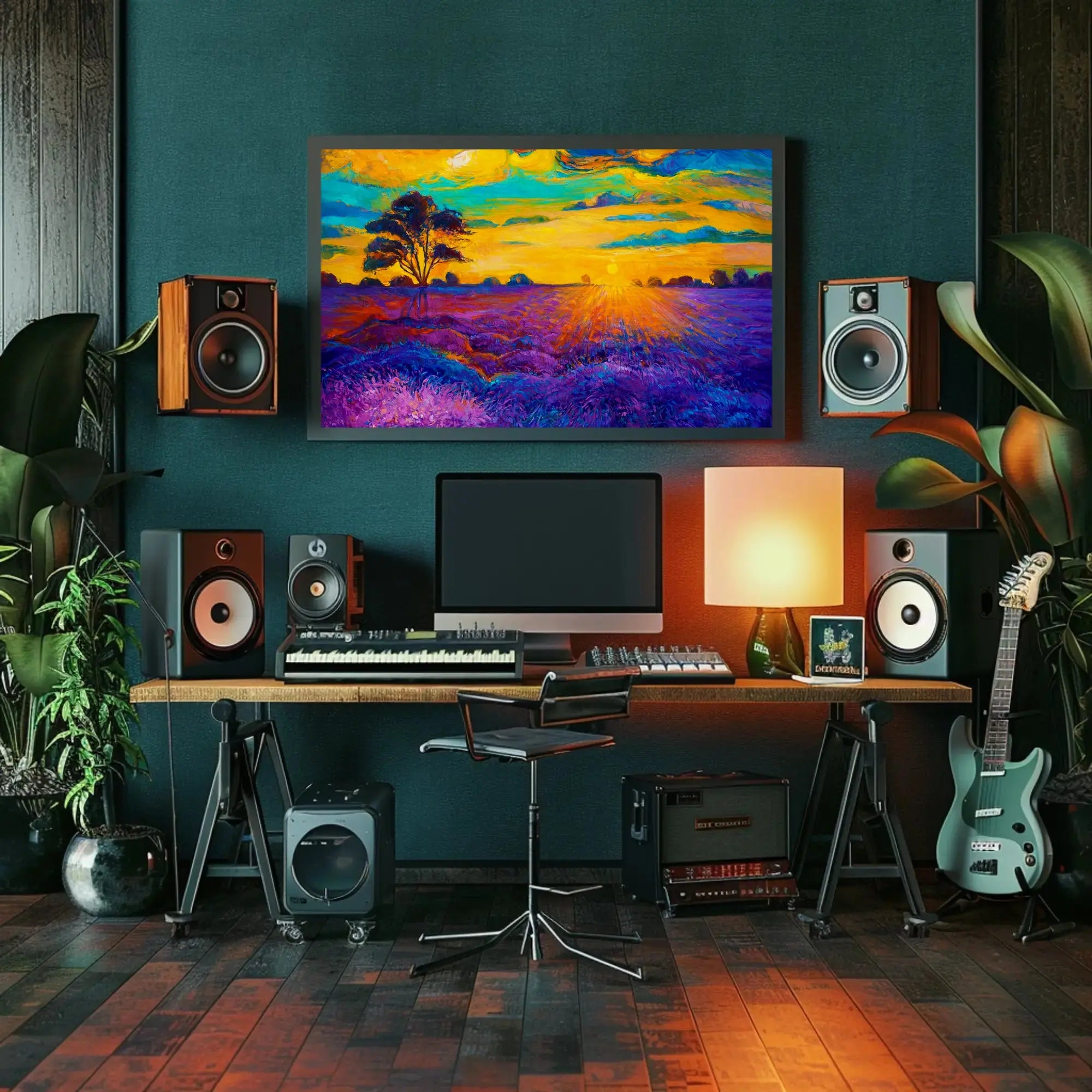 Vibrant Sunset Over Serene Field Artistic Poster PosterGoat