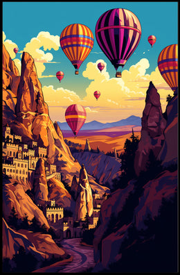 Vibrant Surreal Landscape with Hot Air Balloons Fantasy Poster PosterGoat