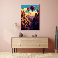 Vibrant Surreal Landscape with Hot Air Balloons Fantasy Poster PosterGoat