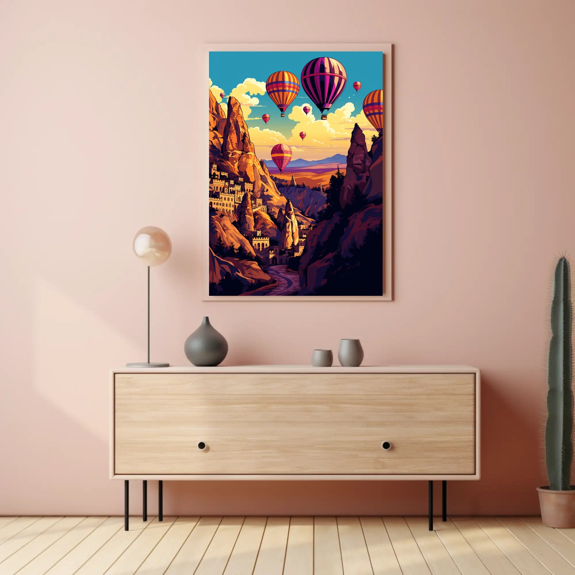 Vibrant Surreal Landscape with Hot Air Balloons Fantasy Poster PosterGoat