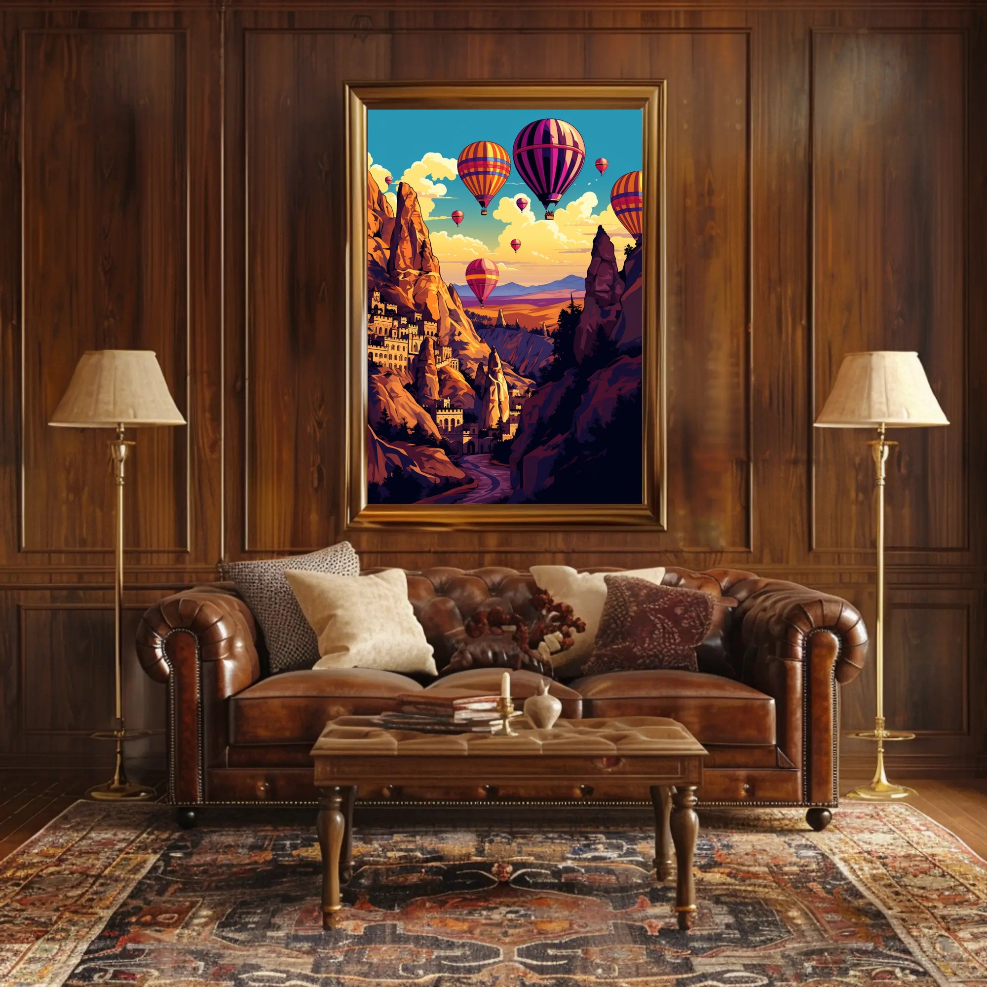 Vibrant Surreal Landscape with Hot Air Balloons Fantasy Poster PosterGoat