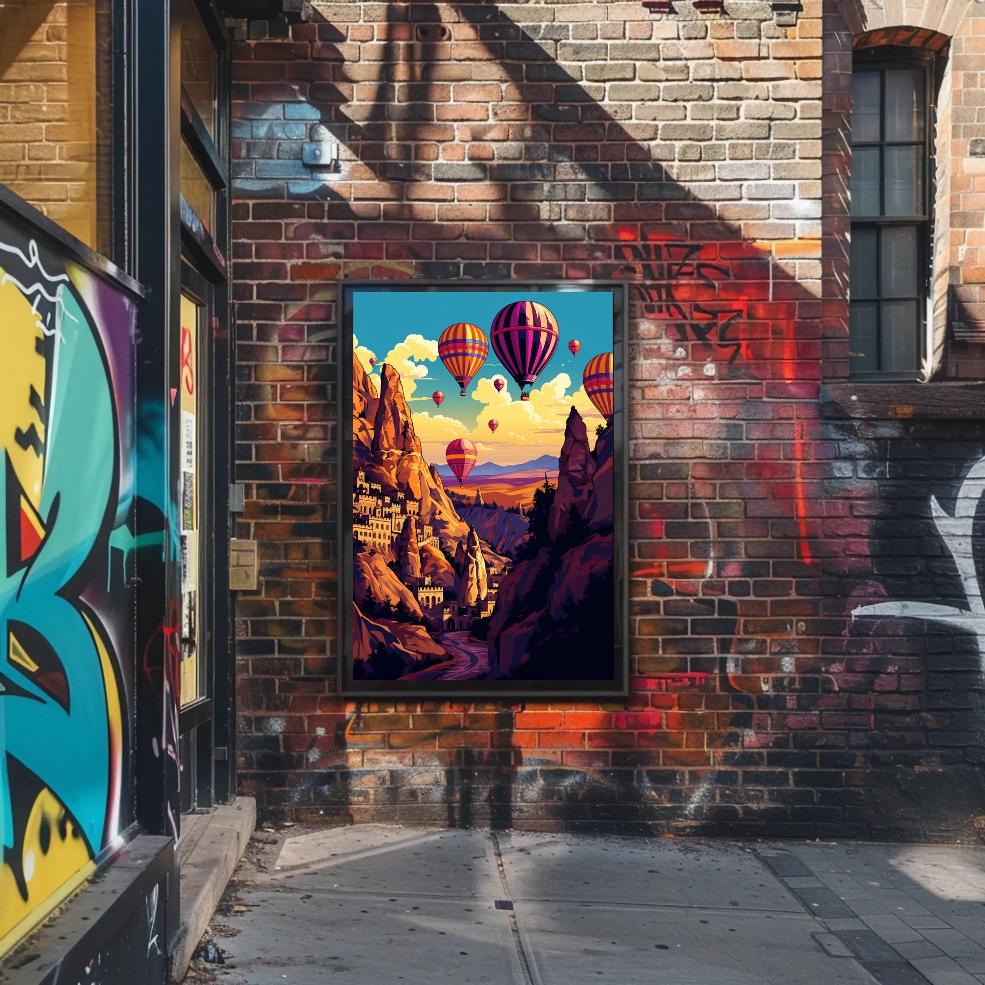 Vibrant Surreal Landscape with Hot Air Balloons Fantasy Poster PosterGoat