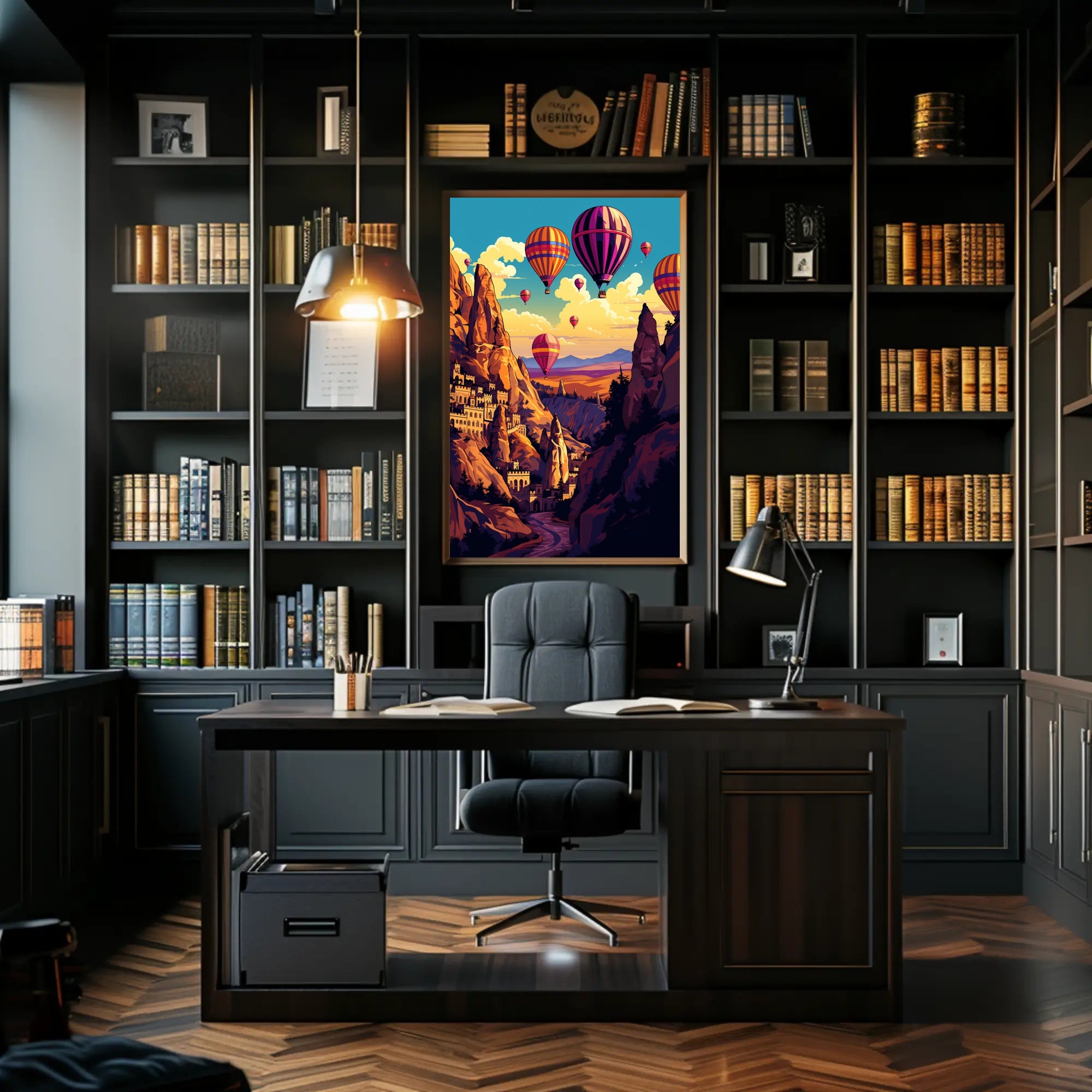 Vibrant Surreal Landscape with Hot Air Balloons Fantasy Poster PosterGoat