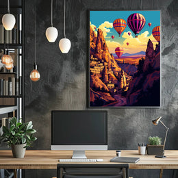 Vibrant Surreal Landscape with Hot Air Balloons Fantasy Poster PosterGoat