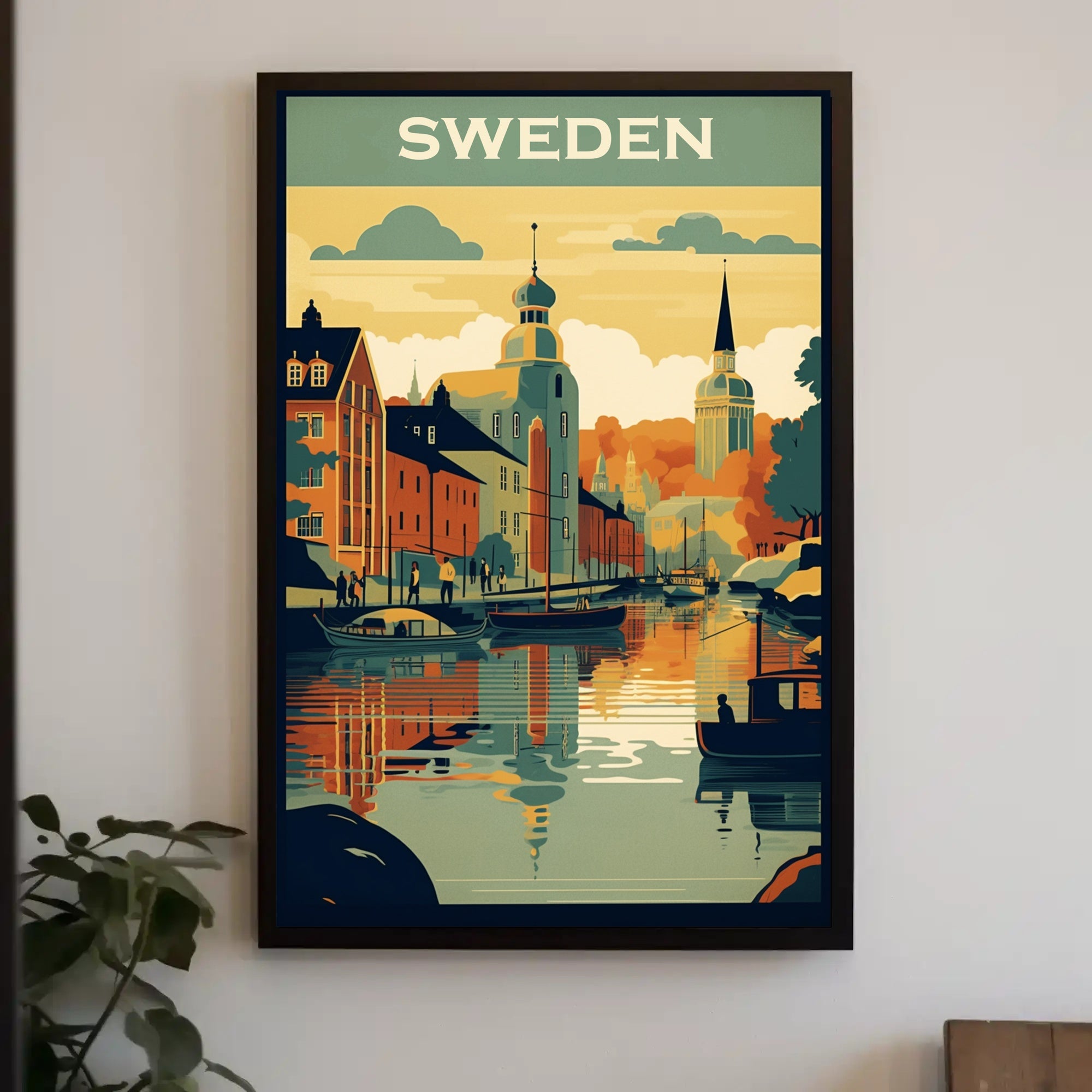 Vibrant Swedish Cityscape Vintage Style Travel Poster PosterGoat