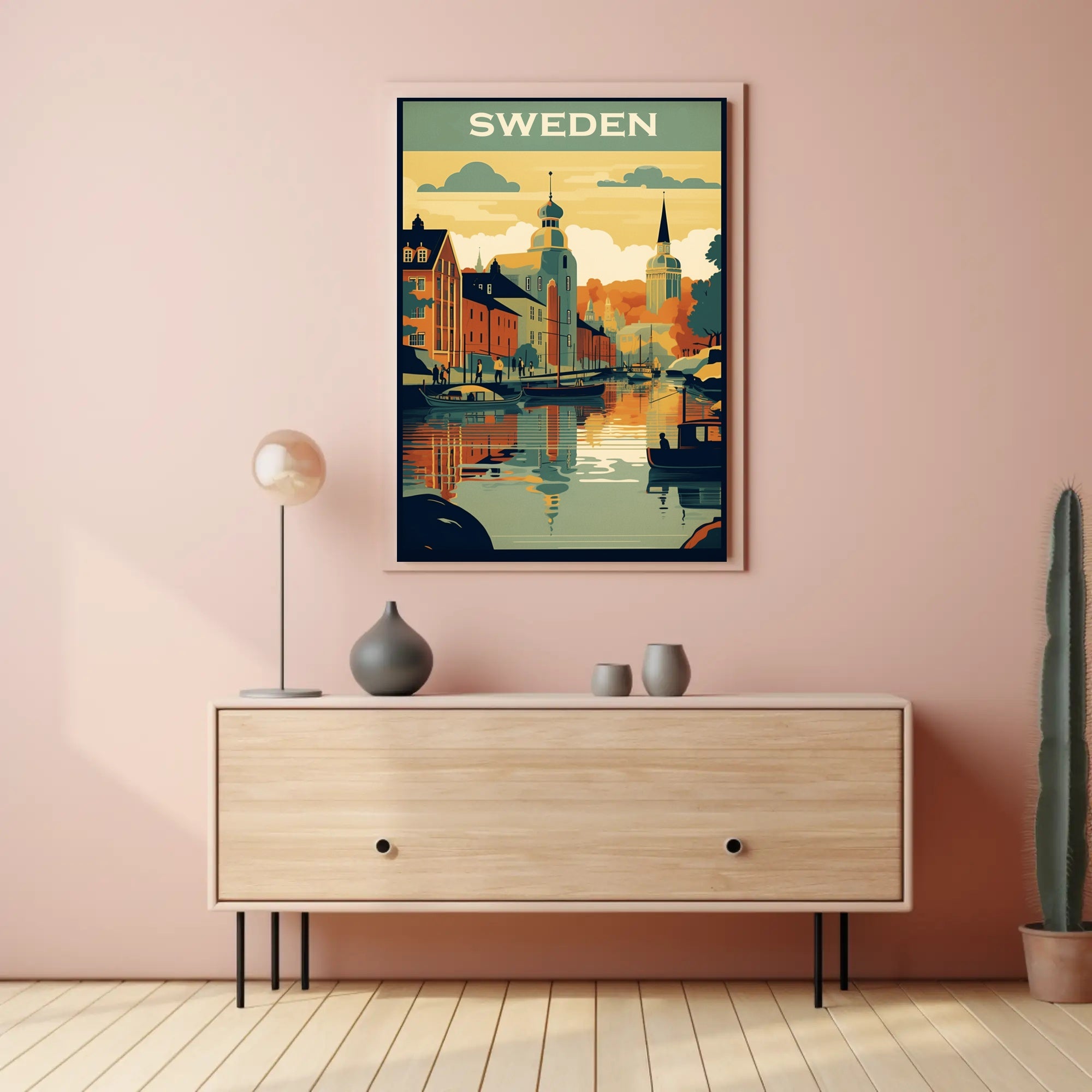 Vibrant Swedish Cityscape Vintage Style Travel Poster PosterGoat