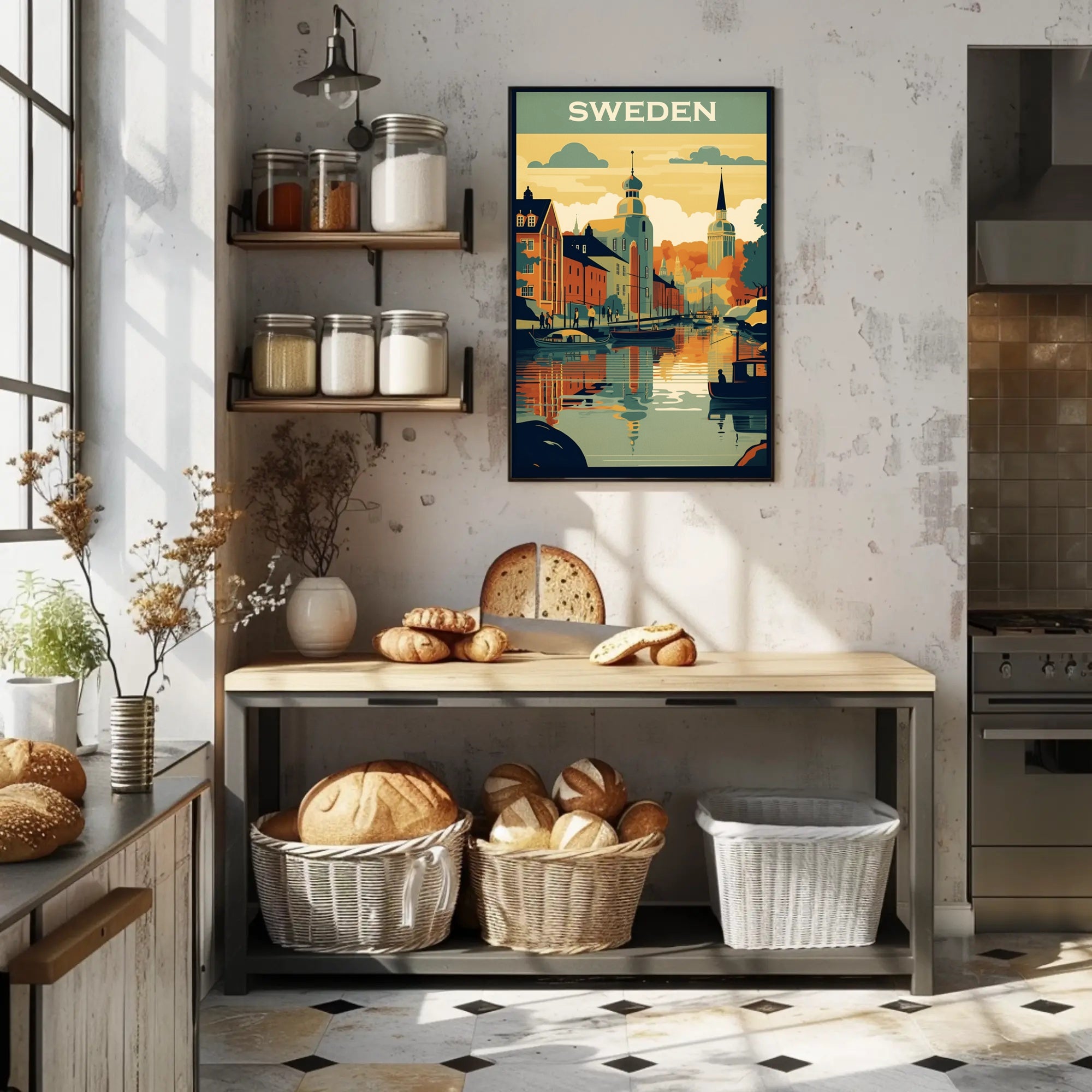 Vibrant Swedish Cityscape Vintage Style Travel Poster PosterGoat