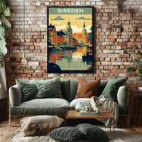 Vibrant Swedish Cityscape Vintage Style Travel Poster PosterGoat