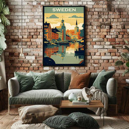 Vibrant Swedish Cityscape Vintage Style Travel Poster PosterGoat