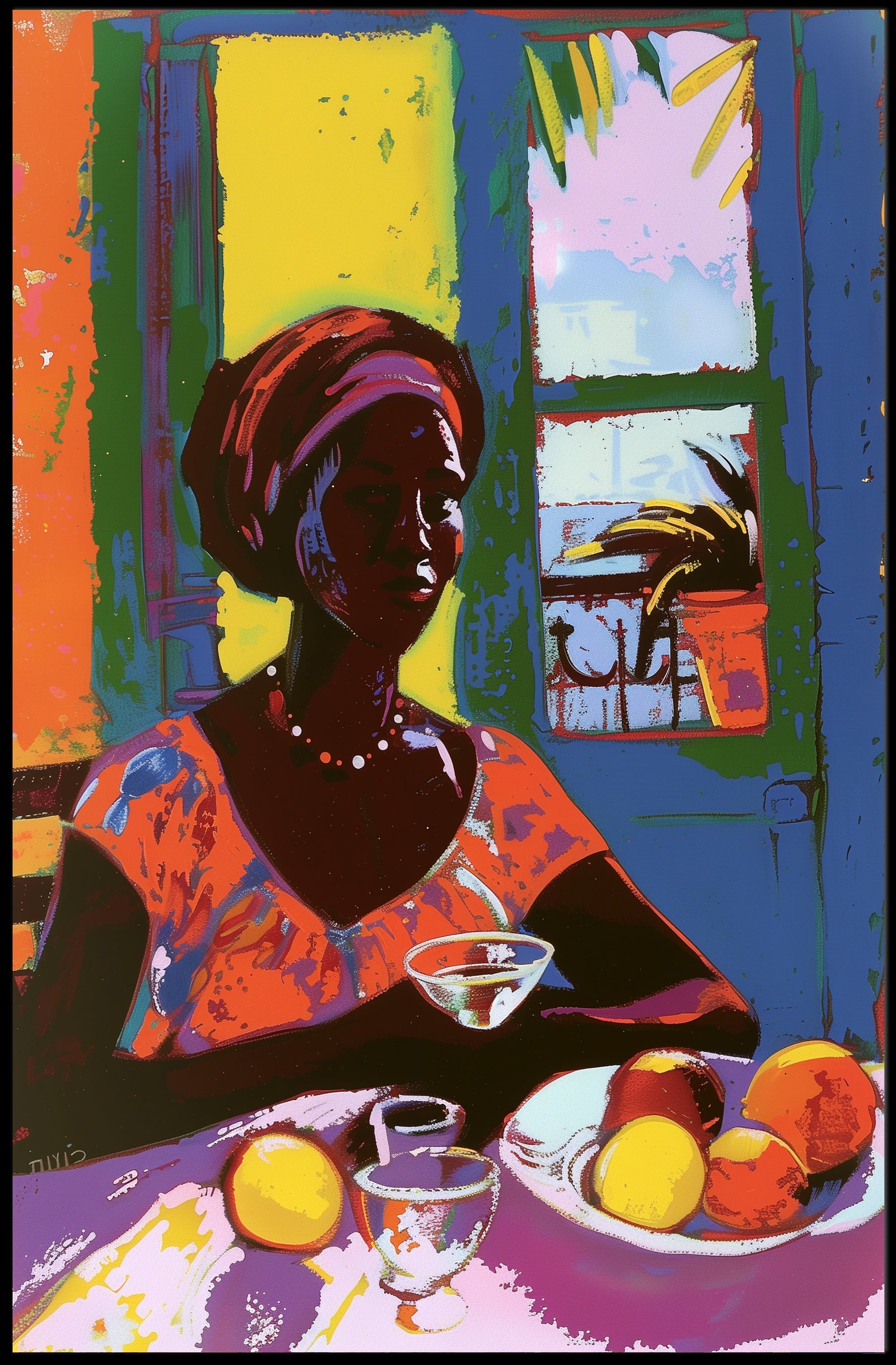 Vibrant Tropical Woman Artwork with Fruit and Colorful Attire Poster PosterGoat