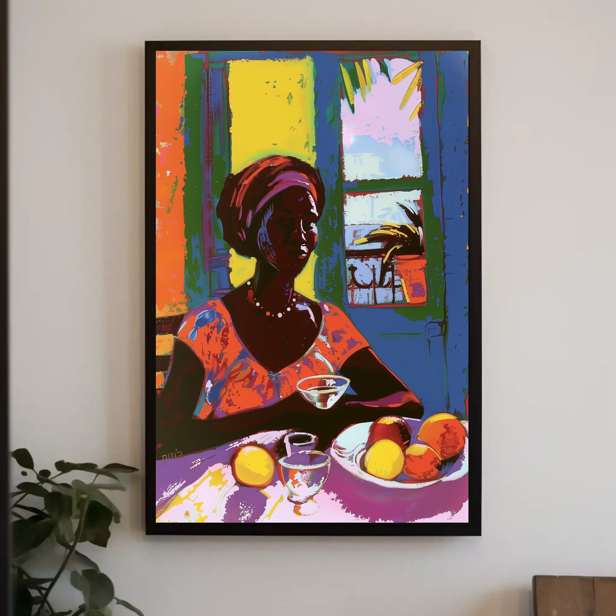 Vibrant Tropical Woman Artwork with Fruit and Colorful Attire Poster PosterGoat