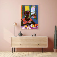 Vibrant Tropical Woman Artwork with Fruit and Colorful Attire Poster PosterGoat