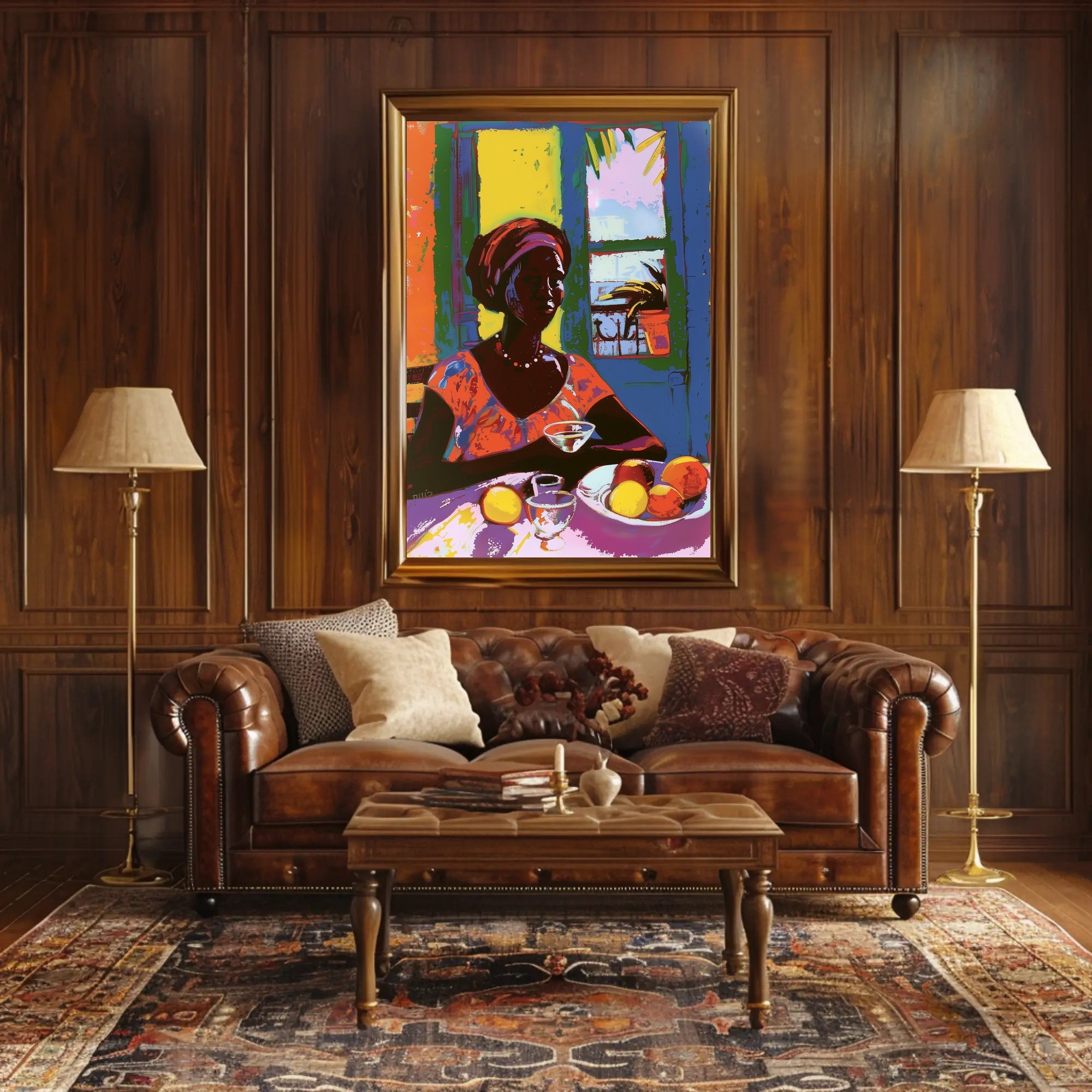 Vibrant Tropical Woman Artwork with Fruit and Colorful Attire Poster PosterGoat